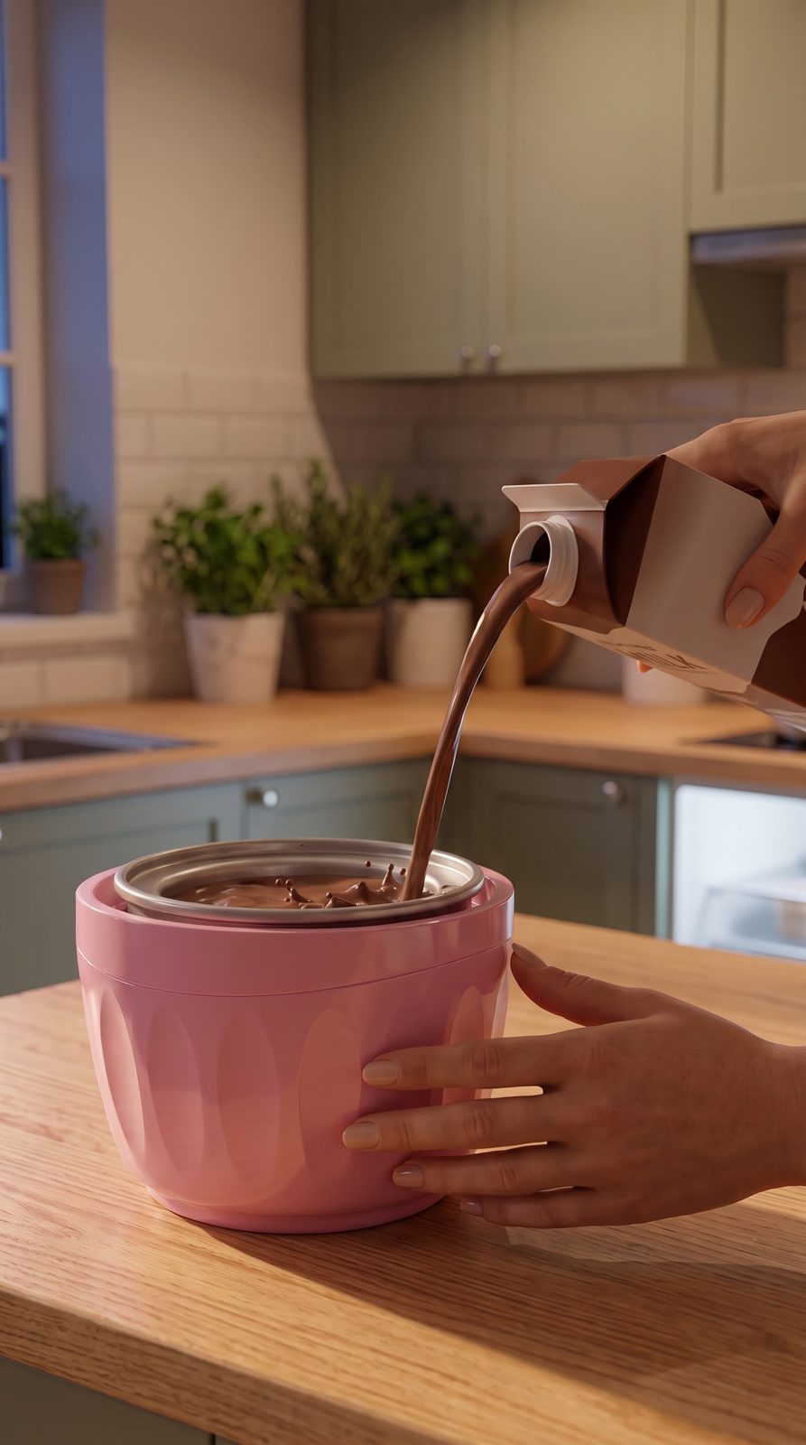 Vertiendo leche con chocolate en la máquina de helados